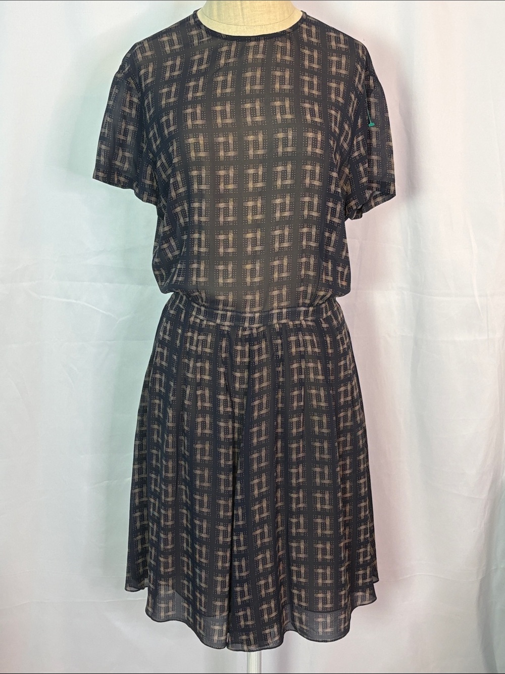 Calvin Klein Silk Classic Black/Tan Plaid Short Sleeve Women's Dress Size M